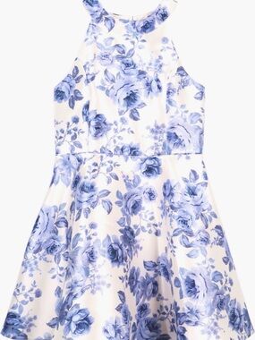 Zunie White and Blue Floral Halter Fit-and-Flare Dress